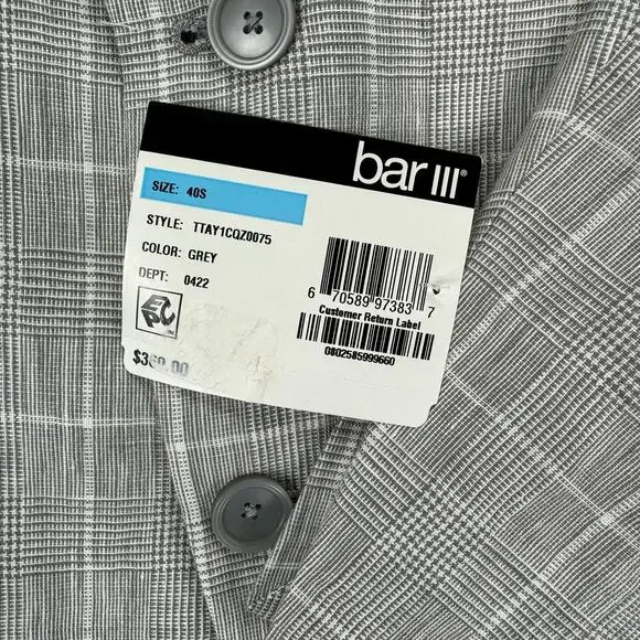 Bar III Mens Slim Fit 100% Linen Plaid Suit Jacket Gray 40S - Picture 3 of 5